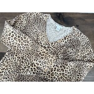 Tweeds Cashmere Leopard Print V-Neck Sweater Womens L Parisian Chic Timeless